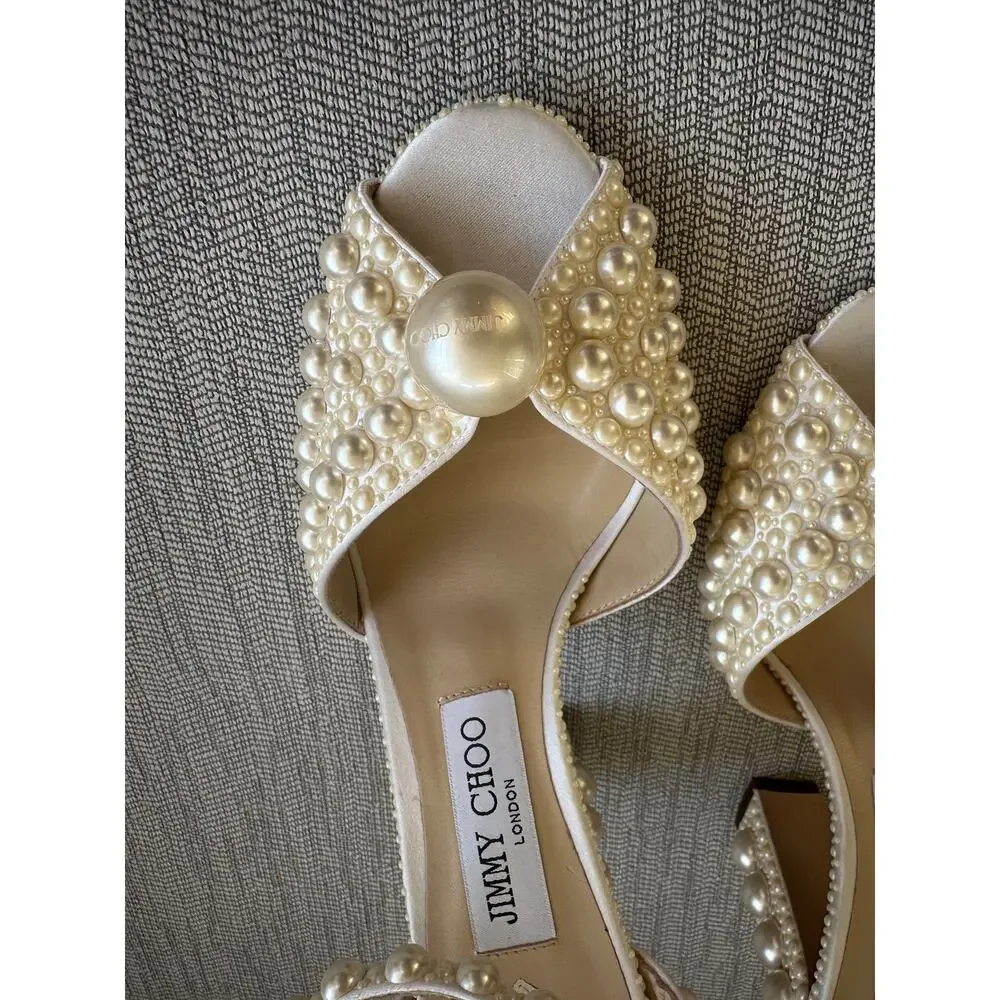 Jimmy Choo Pearl-Embellished Ivory Block Heel Sandals